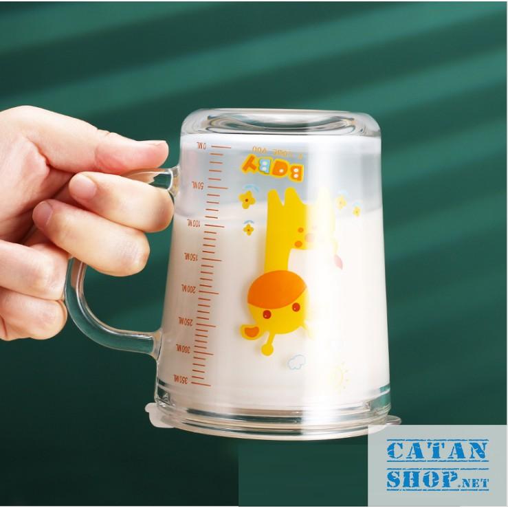 Ly chịu nhiệt thủy tinh chia vạch có nắp , cốc ly pha sữa cho bé