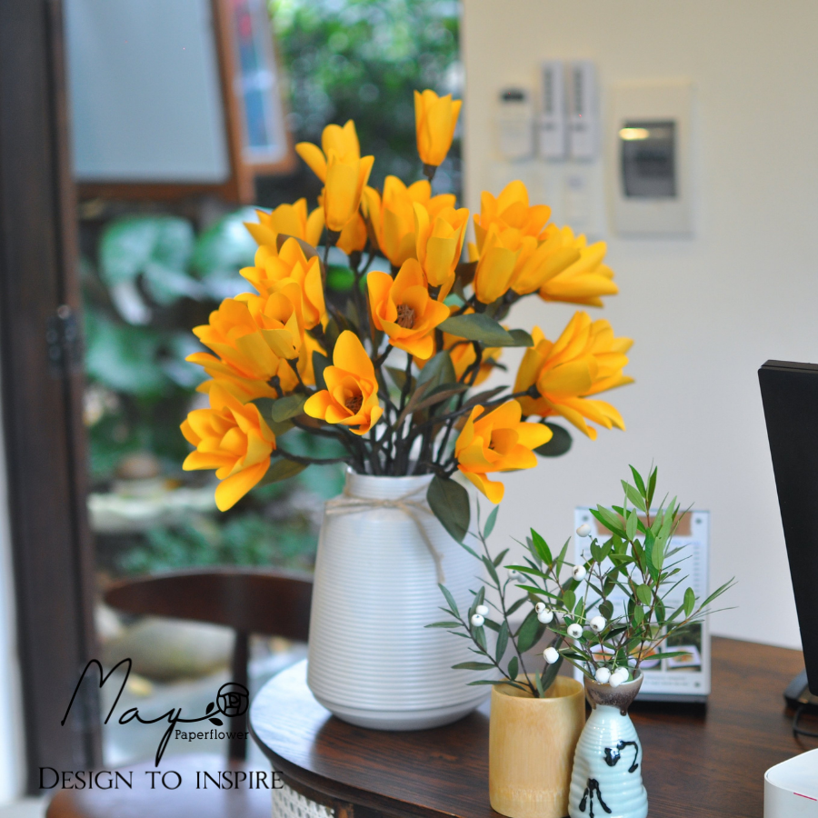 Hoa giấy handmade trang trí, Hoa Mộc Lan vàng, Maypaperflower - hoa giấy nghệ thuật, hoa cắm bình, decor nhà ở văn phòng