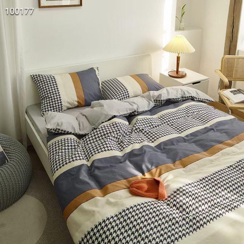 Bộ Chăn Ga Cotton Living Hàng Nhập Khẩu Cao Cấp 4 Món Kẻ Hiện Đại