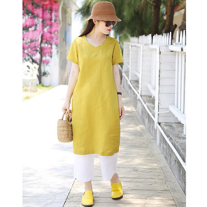 Sét Đầm Suông Linen ngắn tay cồ tim kèm Quần ống rộng ArcticHunter