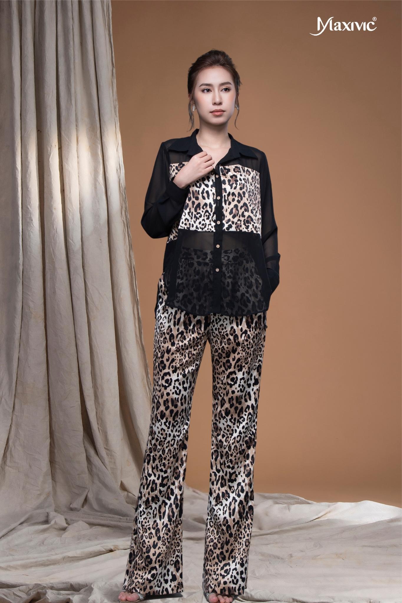 Áo sơ mi chiffon đen phối beo lụa cát LM112432 [BST Da Beo