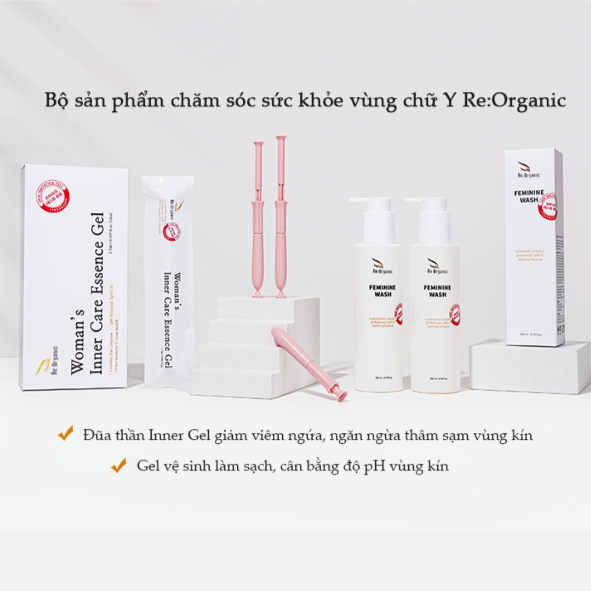 Combo dung dịch vệ sinh chăm sóc phụ khoa Re:Organic Feminine Wash 200ml, Gel đũa thần phụ khoa Woman's Inner Care Essence Gel