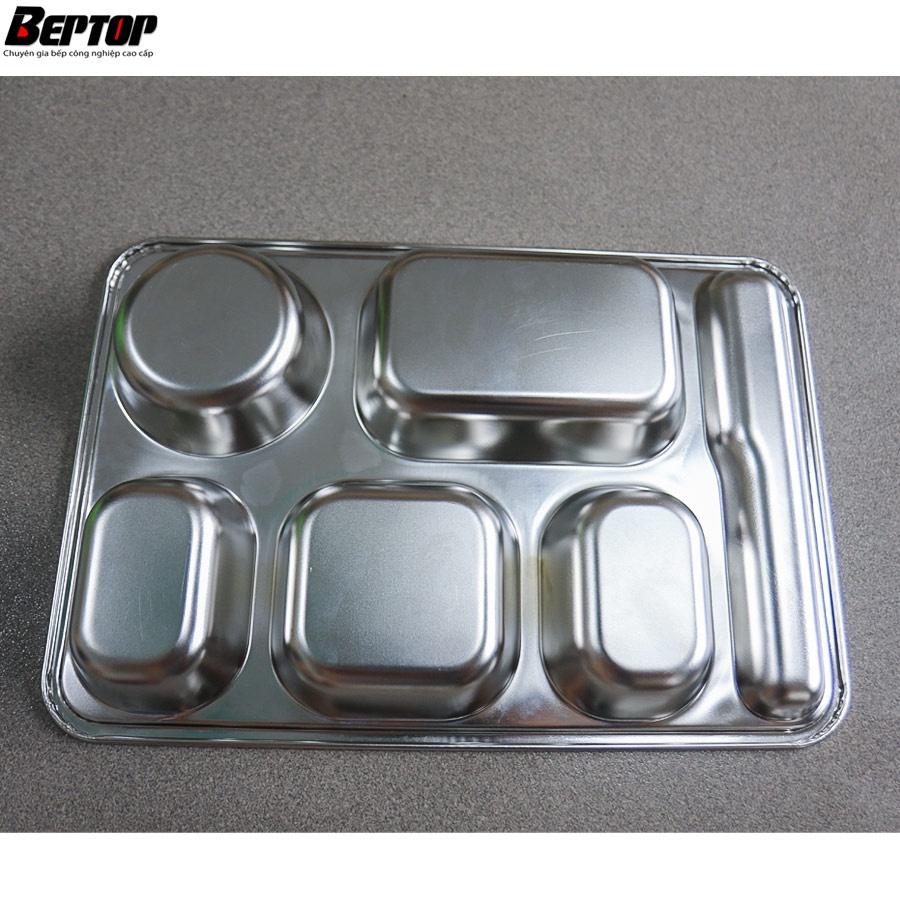 Khay Cơm 5 Ngăn Inox 201 Sâu Lòng Có Ngăn Để Đũa Kèm Nắp Nhựa