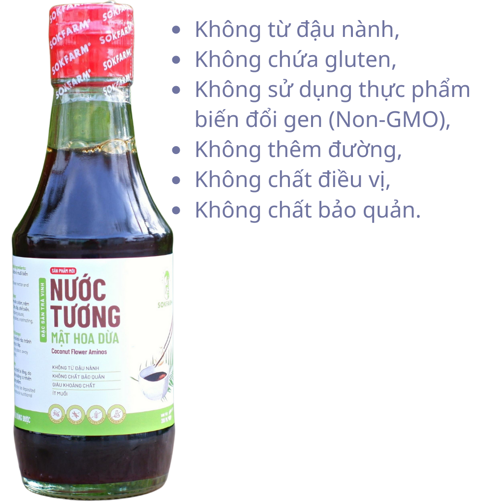 Nước tương mật hoa dừa Sokfarm Chai 200ml - Lượng muối cực thấp, không gluten, không chất bảo quản. dùng được cho bé ăn dặm