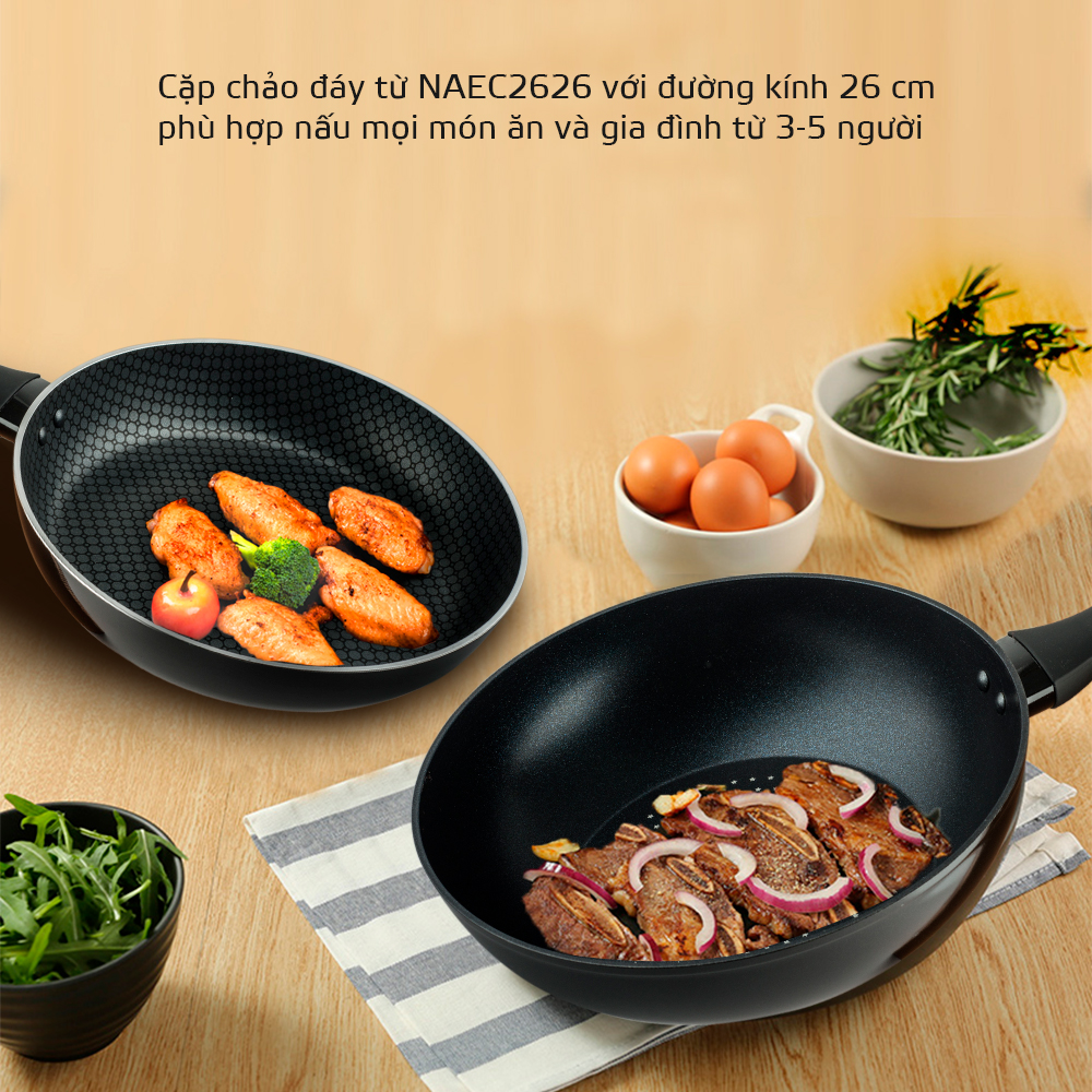 Cặp Chảo Chống Dính đa Lớp đáy Từ Nagakawa NAEC2626 (26cm+26cm) - Chống Dính Gấp 5 Lần Chảo Thường - Dùng Trên Mọi Loại Bếp - Hàng Chính Hãng