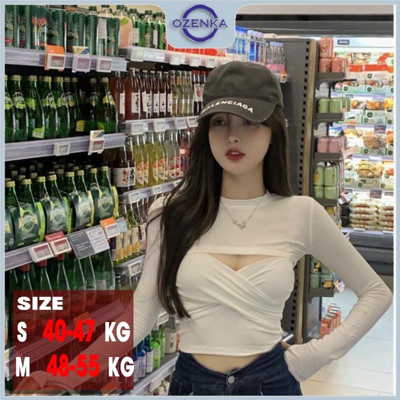 Áo croptop tay dài ôm body khoét ngực gợi cảm OZENKA , crt cổ tròn trắng đen thun cotton 100% đẹp mềm mịn mát dưới 55kg