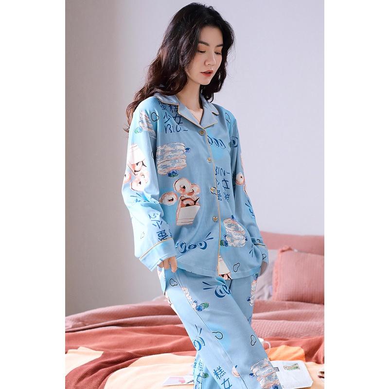 BỘ PYJAMA NỮ DÀI TAY COTTON MỀM MỊN, CAO CẤP, MÀU XANH MÁT DỊU, SIZE M-2XL