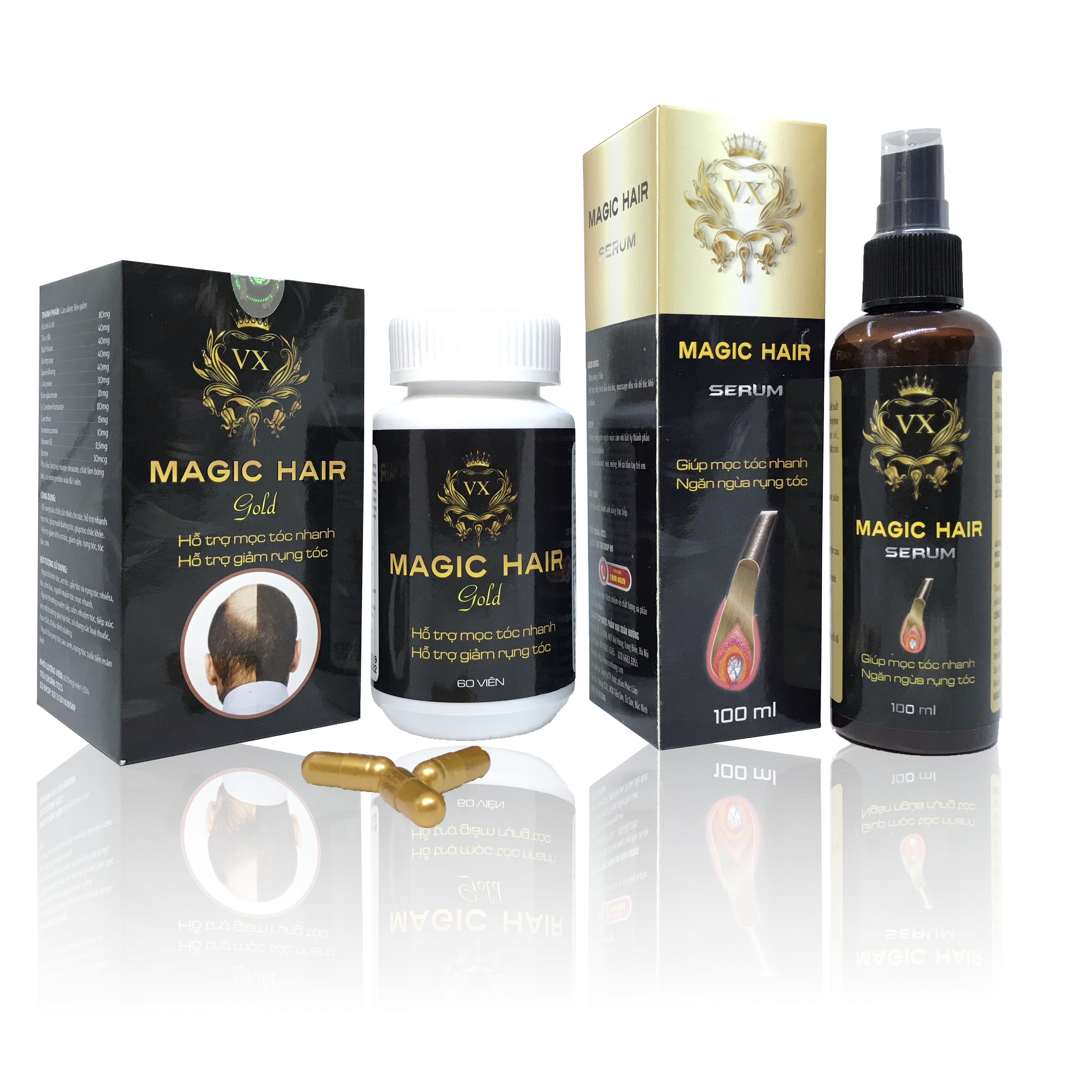 Thực Phẩm Chức Năng Vạn Xuân Đường Viên Uống Magic Hair Gold và Magic Hair Serum Giúp Mọc Tóc Nhanh, Tóc Bạc Sớm Lọ 60 Viên