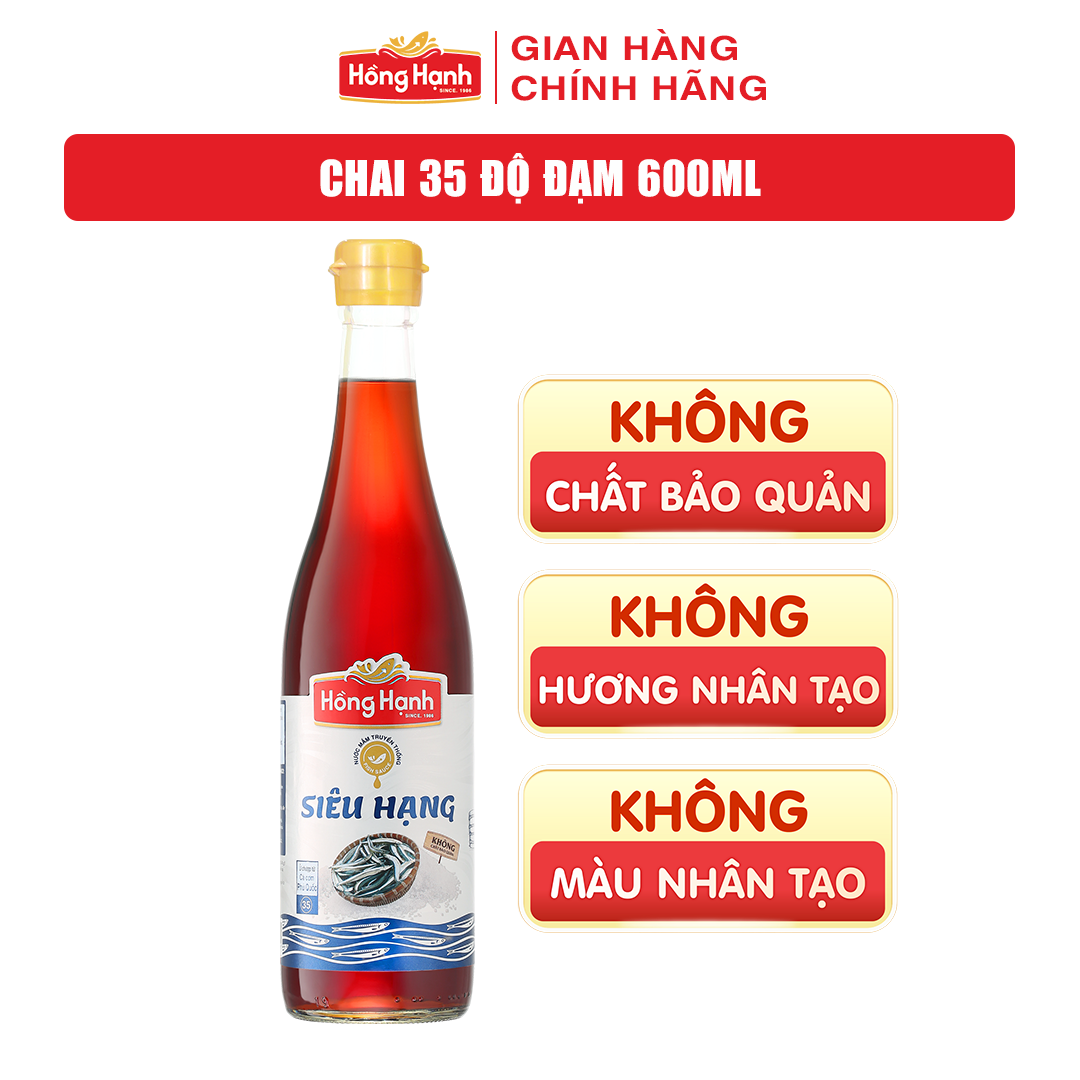 Hộp 2 chai nước mắm truyền thống Phú Quốc Hồng Hạnh Siêu Hạng 35 độ đạm, dung tích 600ml- Chấm, kho đúng điệu