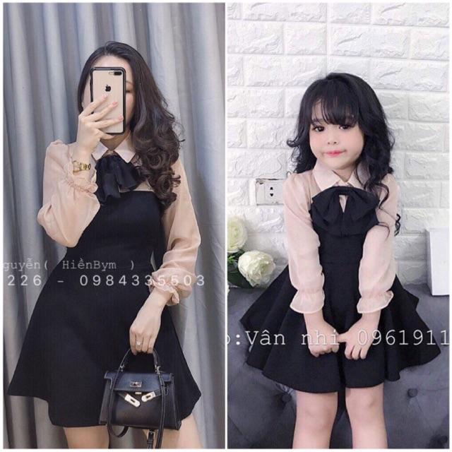Set đầm váy mẹ bé cổ nơ
