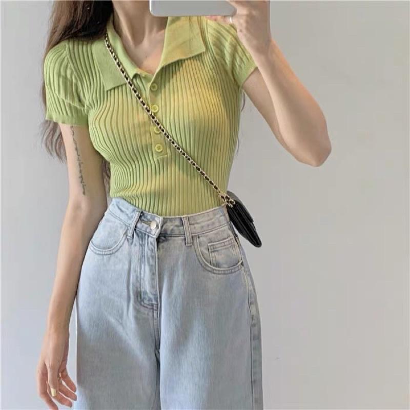 Áo thun polo len dệt kim nữ tay ngắn cổ đức phong cách Hàn Quốc trẻ trung