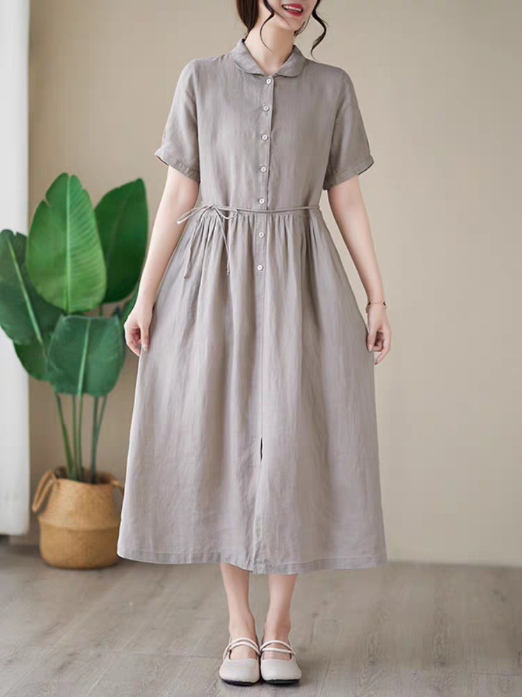 Đầm linen dáng dài, suông công sở cổ tròn linen tay cộc kèm dây eo, đầm đũi form rộng Haint Boutique Da169