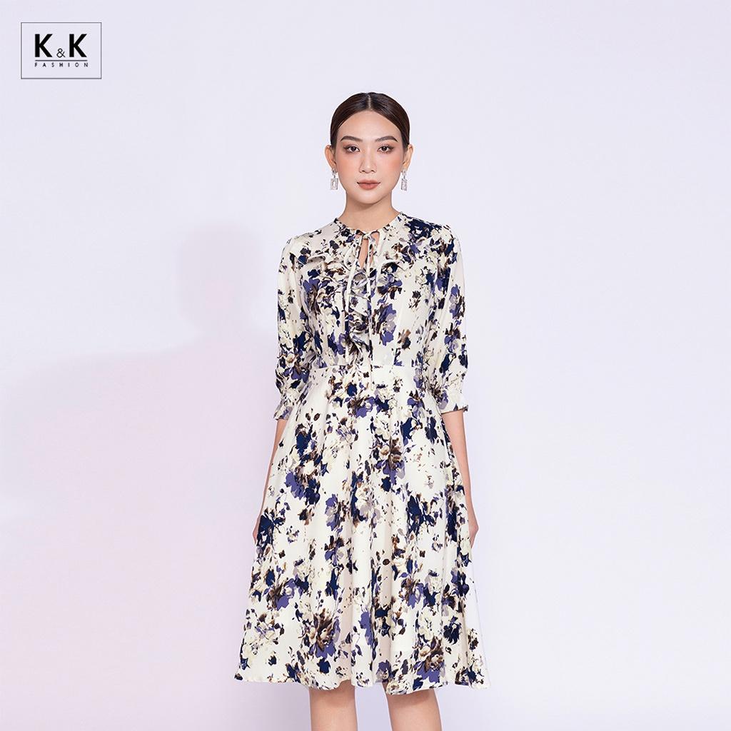 Đầm Xòe Hoa Phối Nơ Viền Bèo K&amp;K Fashion KK116-39 Chất Liệu Silk