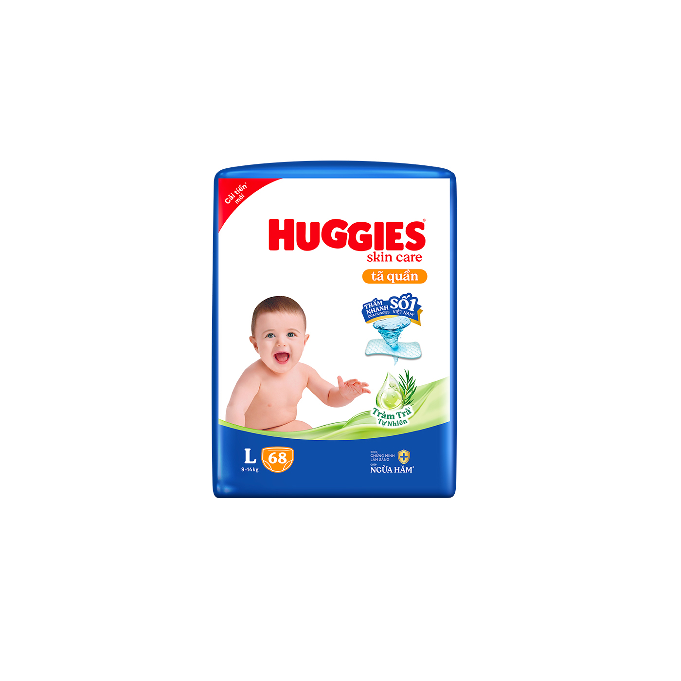 Tã/bỉm quần Huggies Skin Care Super Jumbo L68 miếng với tràm trà dịu da