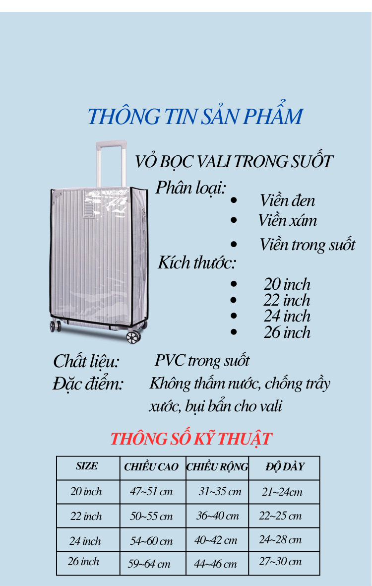 Vỏ Bọc Vali Kéo Áo Trùm Vali Chất Liệu PVC Trong Suốt Bảo Vệ Vali Không Bị Trầy Xước Size 20/22/24/26 inch
