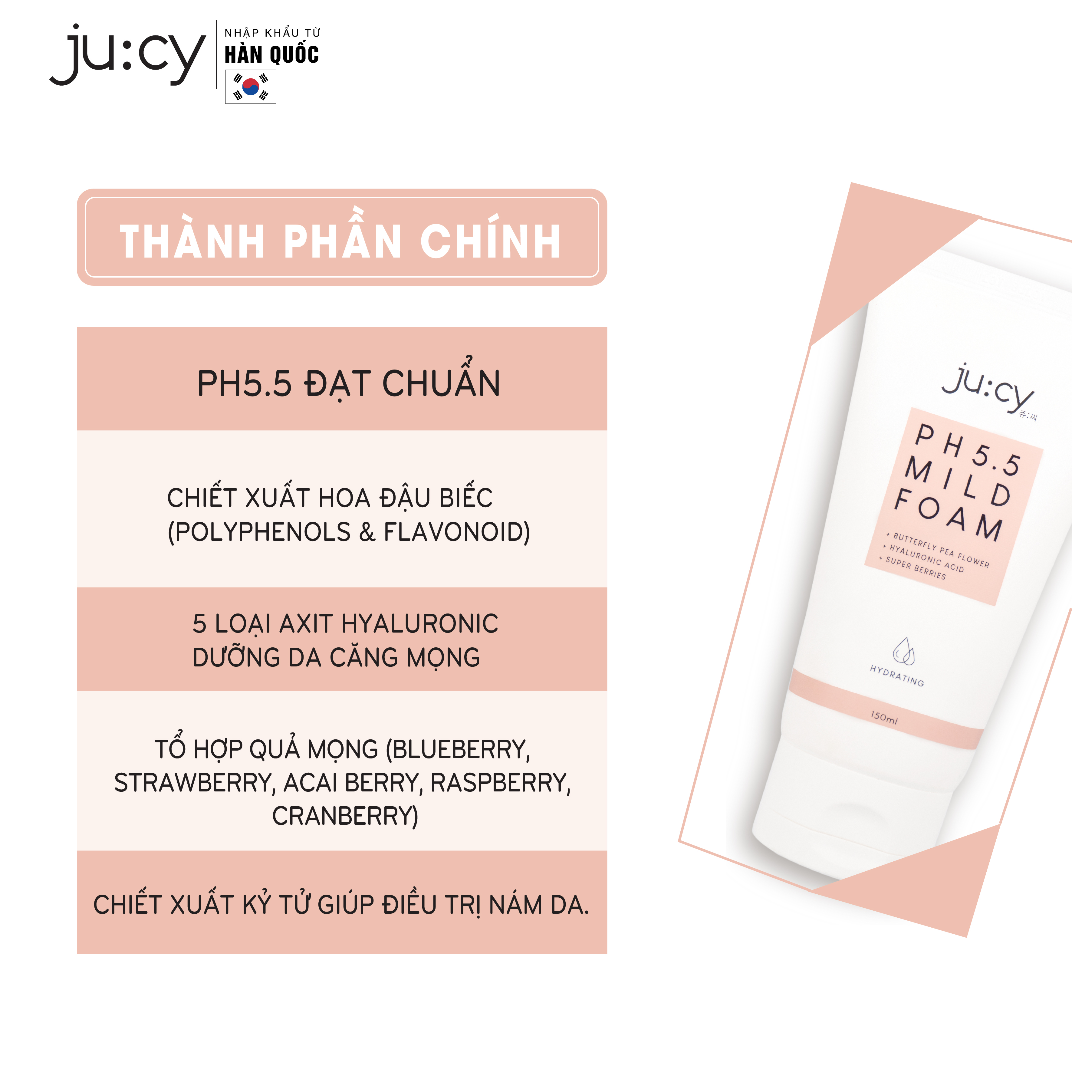 Sữa rửa mặt cấp ẩm và dưỡng trắng chuyên sâu Hàn Quốc JU:CY PH5.5 MILD FOAM 150ml