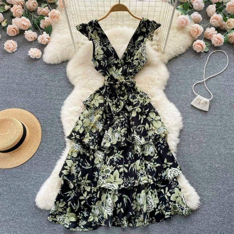 HÀNG NHẬP - ĐẦM XÒE LỤA HOA TẦNG CỔ V SÂU