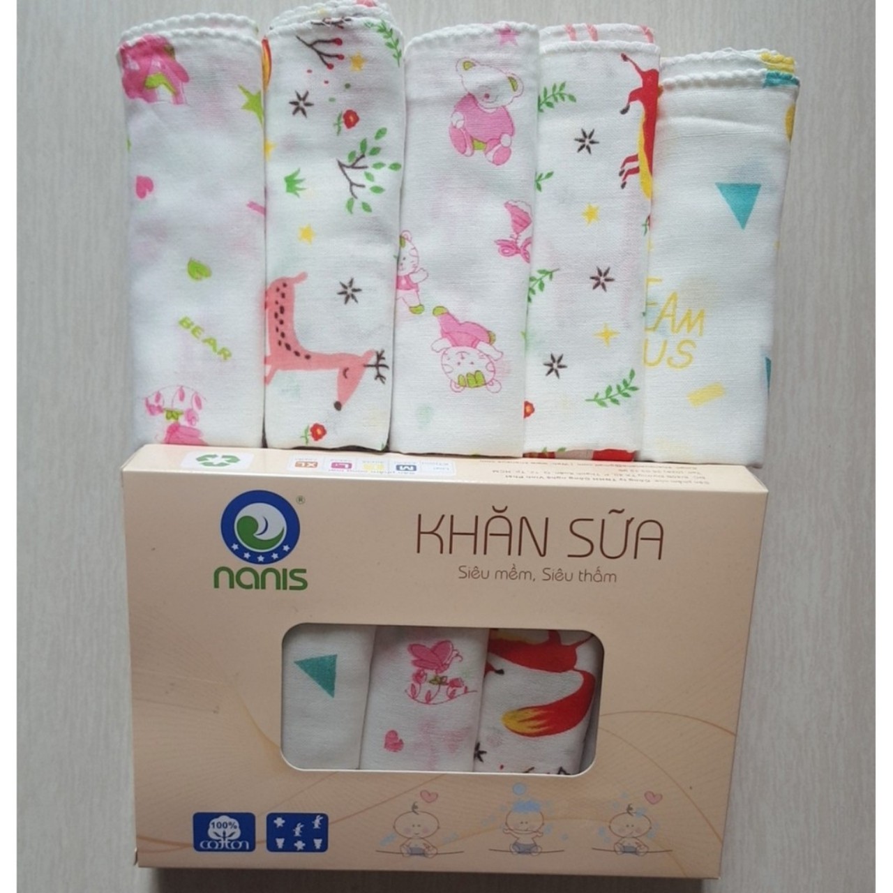 BỘ 10 KHĂN SỮA IN HÌNH 2L 32X32 ( mẫu ngẫu nhiên)