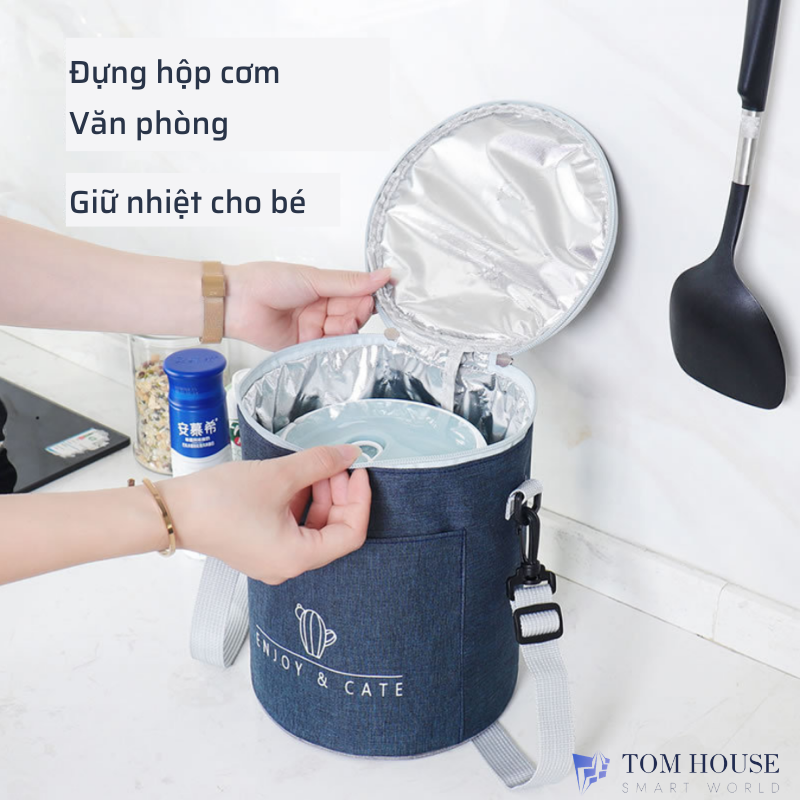 Túi Giữ Nhiệt Hình Trụ Kích Thước Lớn Chống Nước Đựng Hộp Cơm, Đồ Cho Bé, Văn Phòng