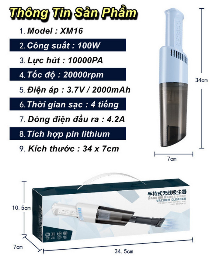 Máy Hút Bụi Cầm Tay Không Dây Nạp Sạc SWEEP POWER HEPA Pin 2000mAh, Công suất 100W - Home Decor Furniture