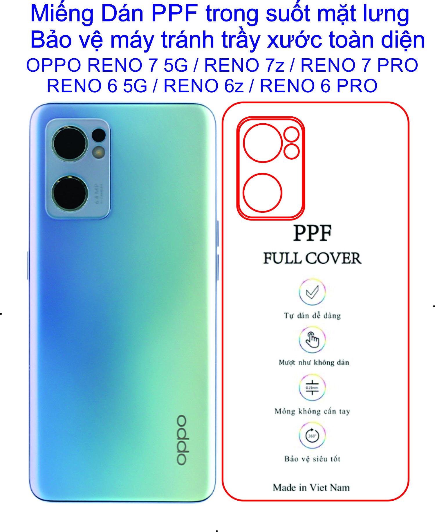Dán PPF mặt lưng dành cho OPPO Reno 7 5G / Reno 7z 5G/ reno 6 5G /reno 6z /reno 5 /reno 4 /reno 4pro Bảo vệ máy chống trầy xước