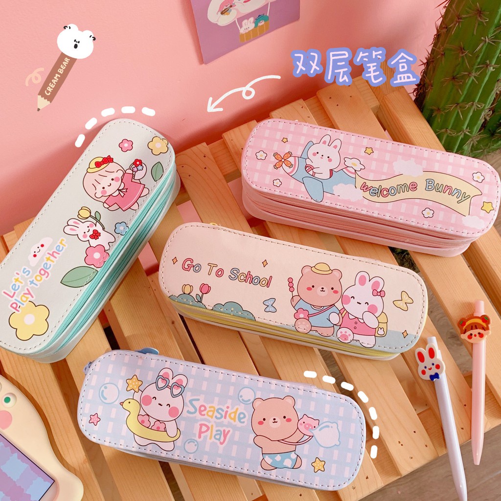 Hộp Đựng Bút 2 Tầng Cute Có Tặng Kèm Sticker Dán