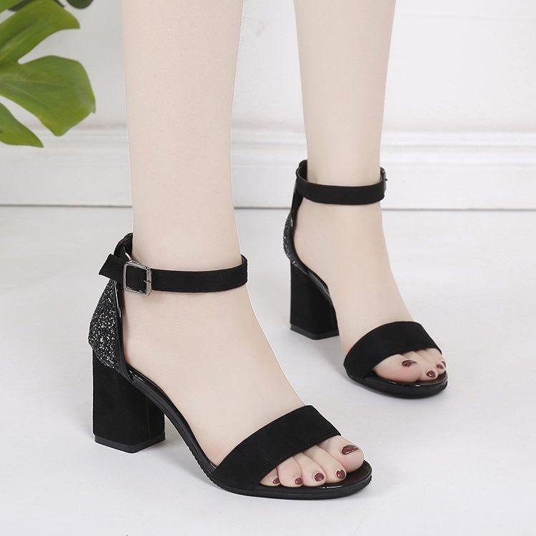 Sandals girls summer 2020 new style thick heels black students with open toes buckle Roman high heels