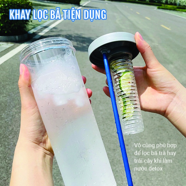 [Tặng Kèm Sticker] Bình Nước Detox Có Khay Lọc Trà, Chất Liệu Nhựa Trong Suốt - Bình Nước Có Ống Hút Dung Tích 700ml