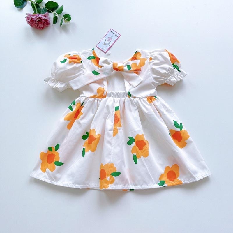 Váy Hoa Cam Tay Ngắn Cho Bé Gái 4 Đến 28kg Chất Thô Hoa Mềm Mát