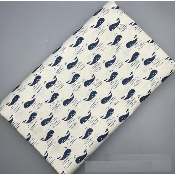 Vải Bố Vải Canvas Decor Trang Trí, Phông Nền Chụp Ảnh, Làm Rèm Khăn Bàn Họa Tiết Cá Xanh Trắng