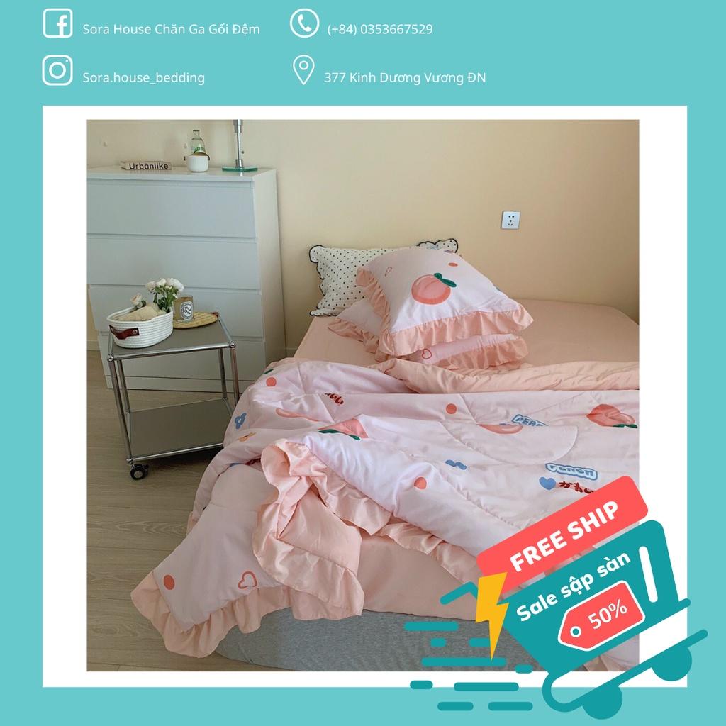 Bộ Chăn Ga Gối Cotton Đũi Bèo Chăn Chần Đào hồng