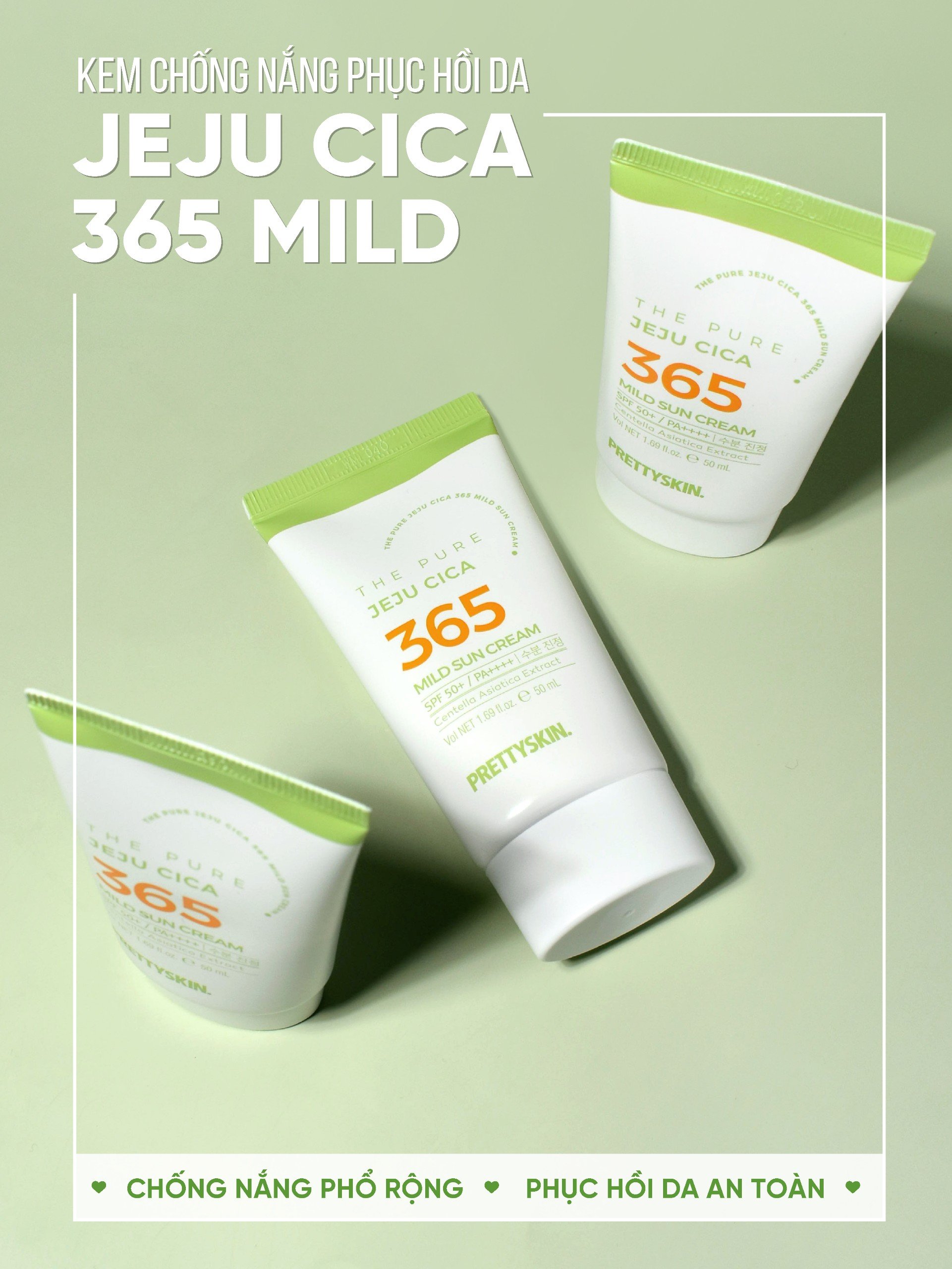 Kem chống nắng nâng tông, kháng nước 365 Pretty Skin The Pure Jeju Cica 365 Mild Sun Cream