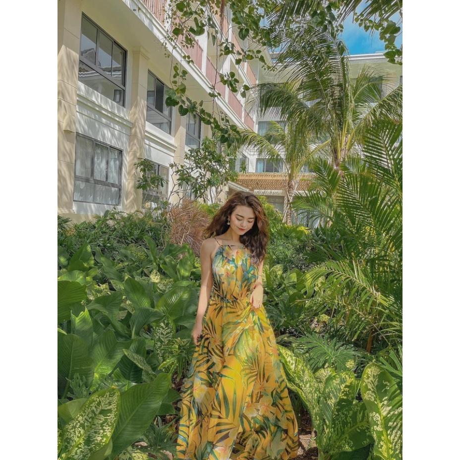 Đầm váy maxi hoa vàng hở lưng voan lót lụa mút ngực 2 dây hở ivy fashion đi biển dự tiệc dạo phố bigsize gợi cảm sexy