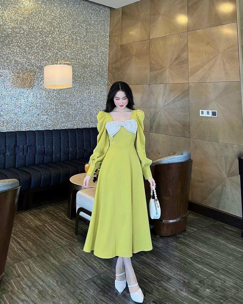 ĐẦM MIDI TAY DÀI PHỐI NƠ NGỰC