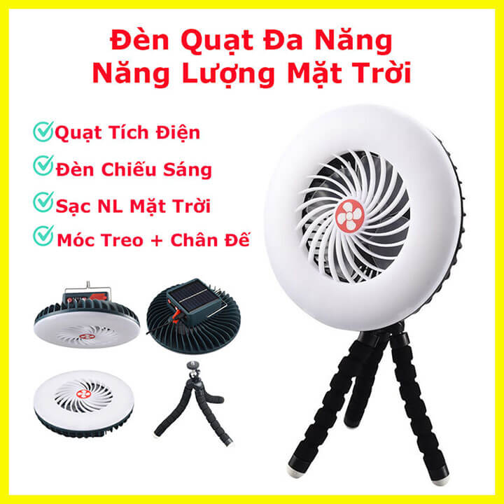 Quạt tích điện năng lượng mặt trời kiêm đèn cắm trại dã ngoại, đèn cắm trại dã ngoại có chân đế và móc treo ND-2608