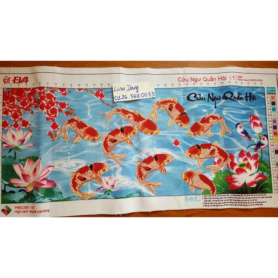 Tranh thêu CỬU NGƯ QUẦN HỘI(đã thêu-tranh d)88x43cm