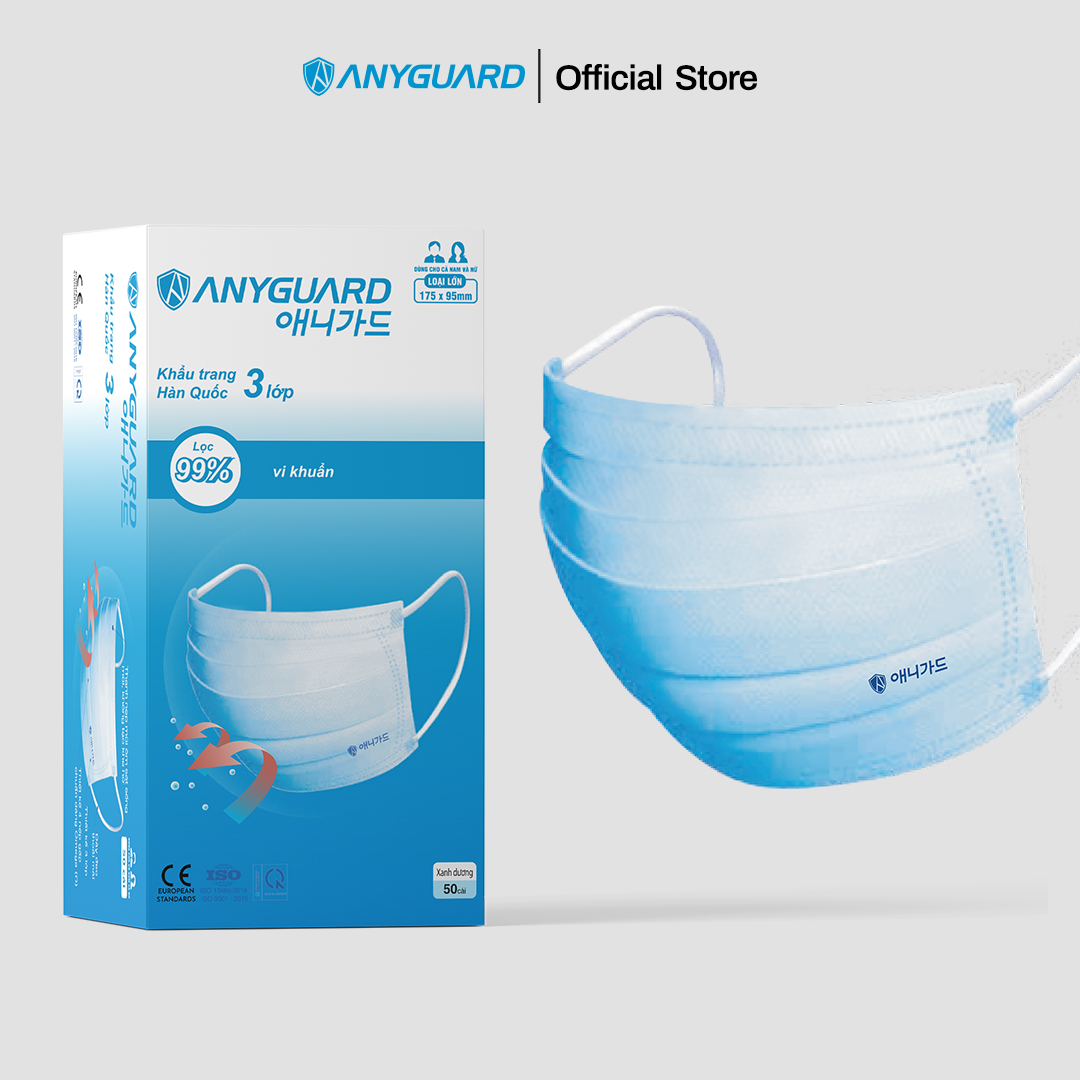 Khẩu Trang Y Tế Hàn Quốc Chính Hãng ANYGUARD 3 Lớp Kháng Khuẩn, Vải Mịn An Toàn Cho Da Nhạy Cảm - Dành Cho Người Lớn (Hộp 50 cái)