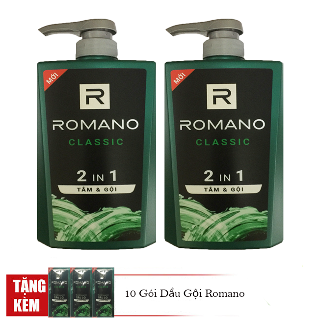 Bộ 2 Chai tắm gội 2in1 Romano Classic+Tặng 10 gói dầu gội Romano Classic