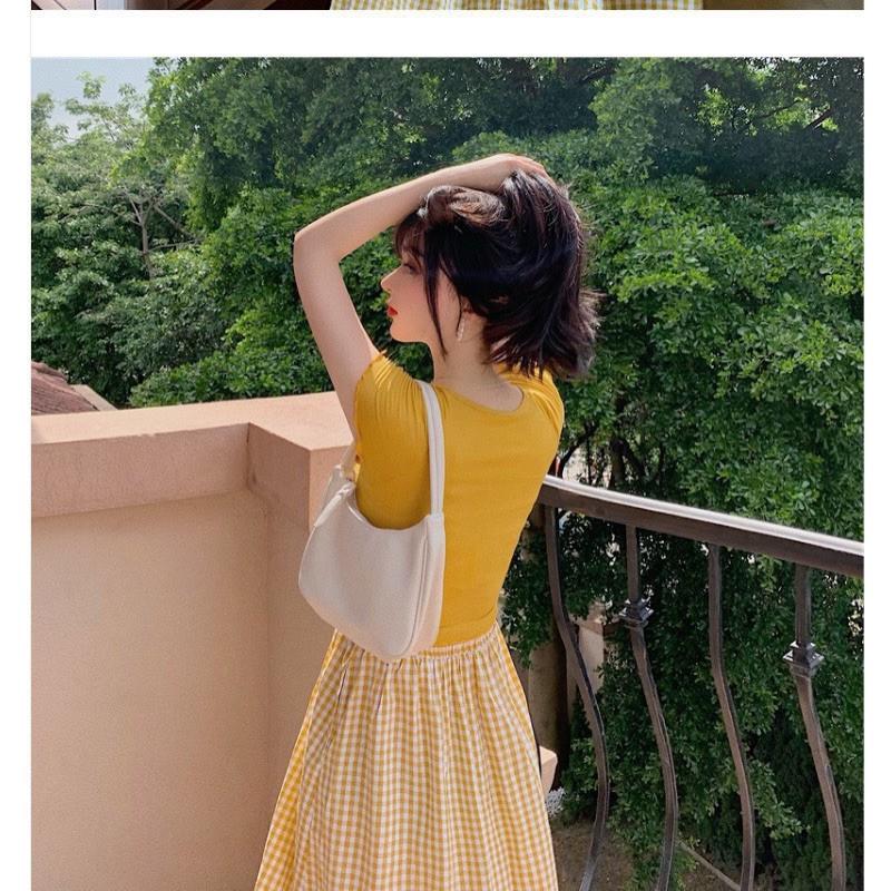 Set áo thun croptop phối váy caro xoè, Set tiểu thư cao cấp