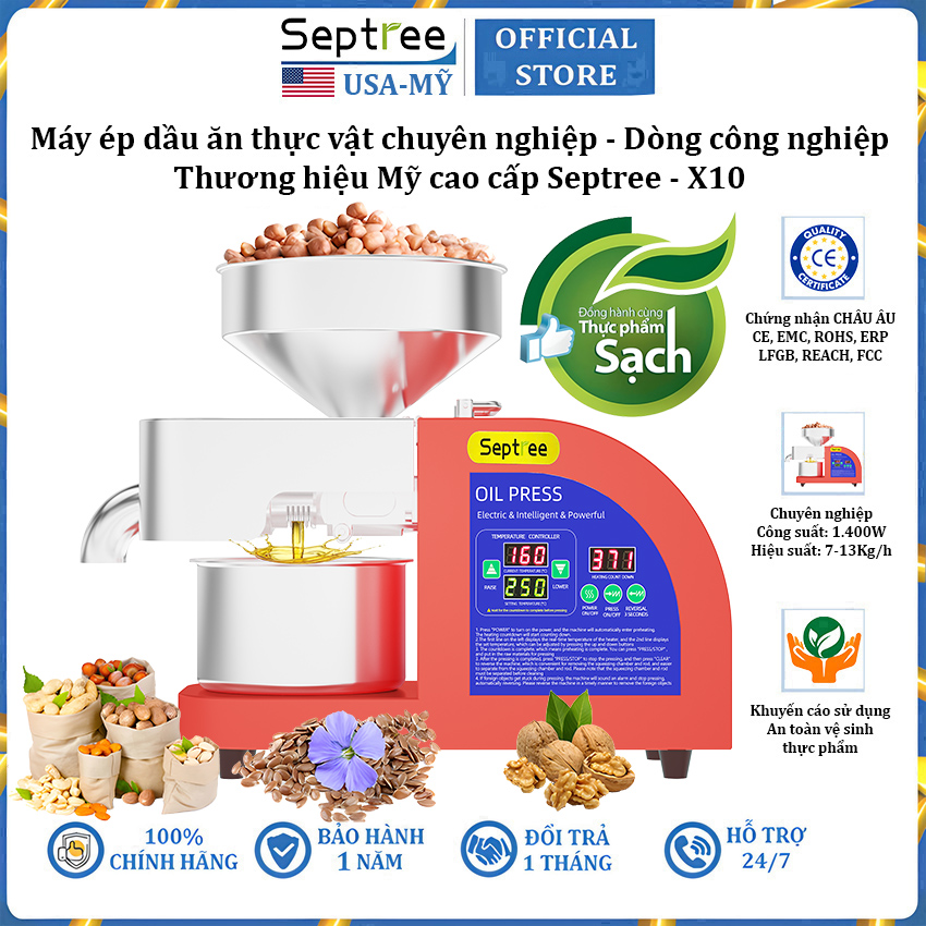 Máy ép dầu ăn thực vật chuyên nghiệp nâng cấp hoàn toàn mới thương hiệu Mỹ cao cấp Septree X10 - Hàng chính hãng (BH 1 NĂM)