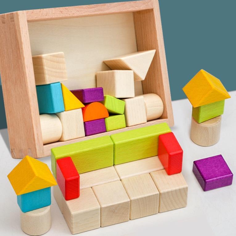 Bộ xếp hình khối bằng gỗ 30 chi tiết đơn giản nhiều màu sắc