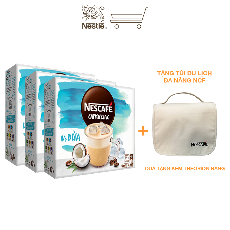 [Tặng túi du lịch đa năng] Combo 3 hộp cà phê hòa tan Nescafé Cappuccino vị dừa (Hộp 10 gói x 20g)