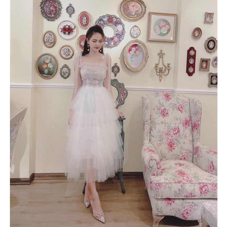 Đầm váy nữ xoè tầng nơ vai siêu xinh