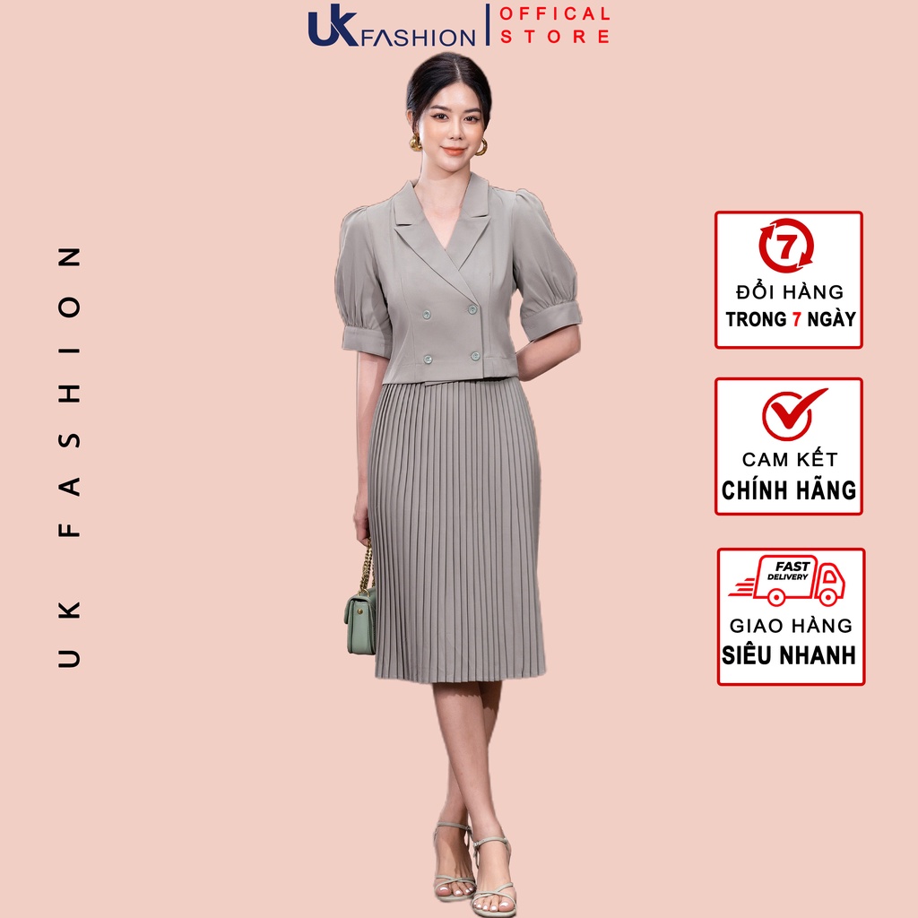 Bộ Nữ Công Sở UK Fashion Áo Tay Lỡ Giao Cúc Phối Chân Váy Dập Ly Chất Liệu Vải Hàn Cao Cấp NKBD2204017