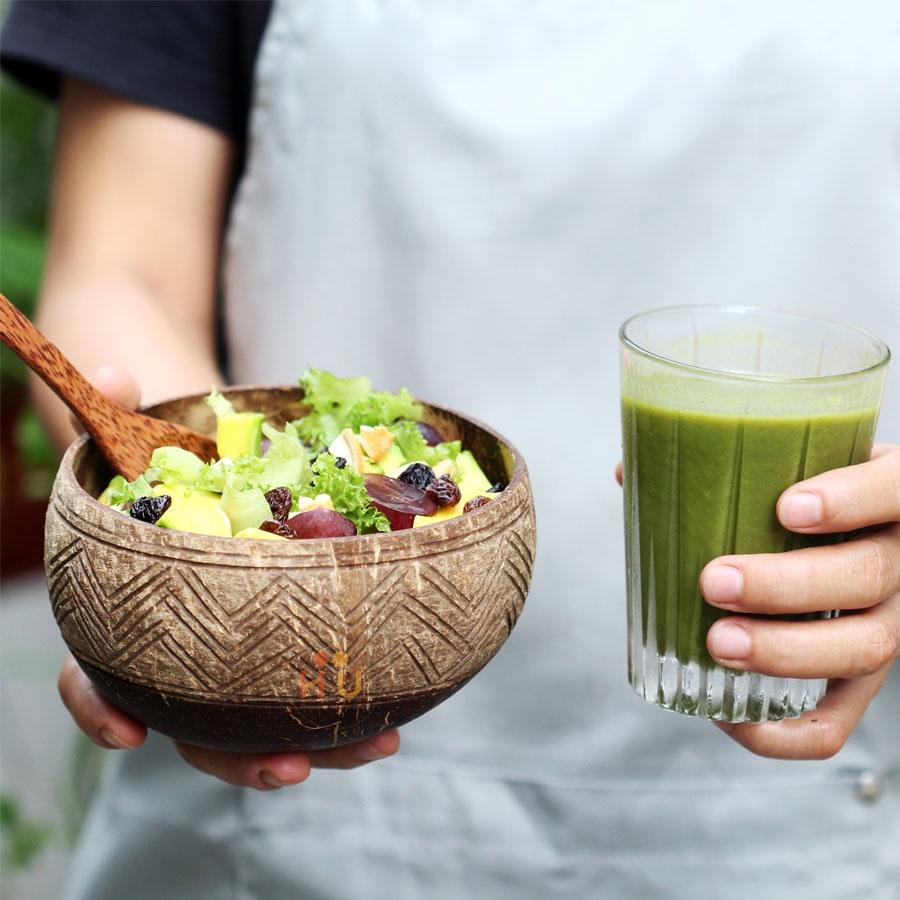 Bát gáo dừa ăn salad/ngũ cốc/trái cây khắc hoa văn ngẫu nhiên