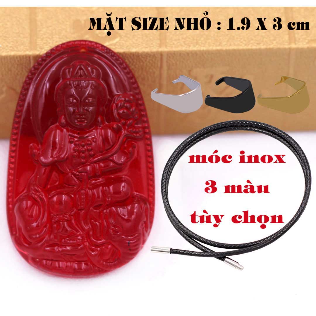 Mặt Phật Phổ hiền pha lê đỏ 1.9cm x 3cm  kèm vòng cổ dây cao su đen + móc inox vàng, Phật bản mệnh, mặt dây chuyền
