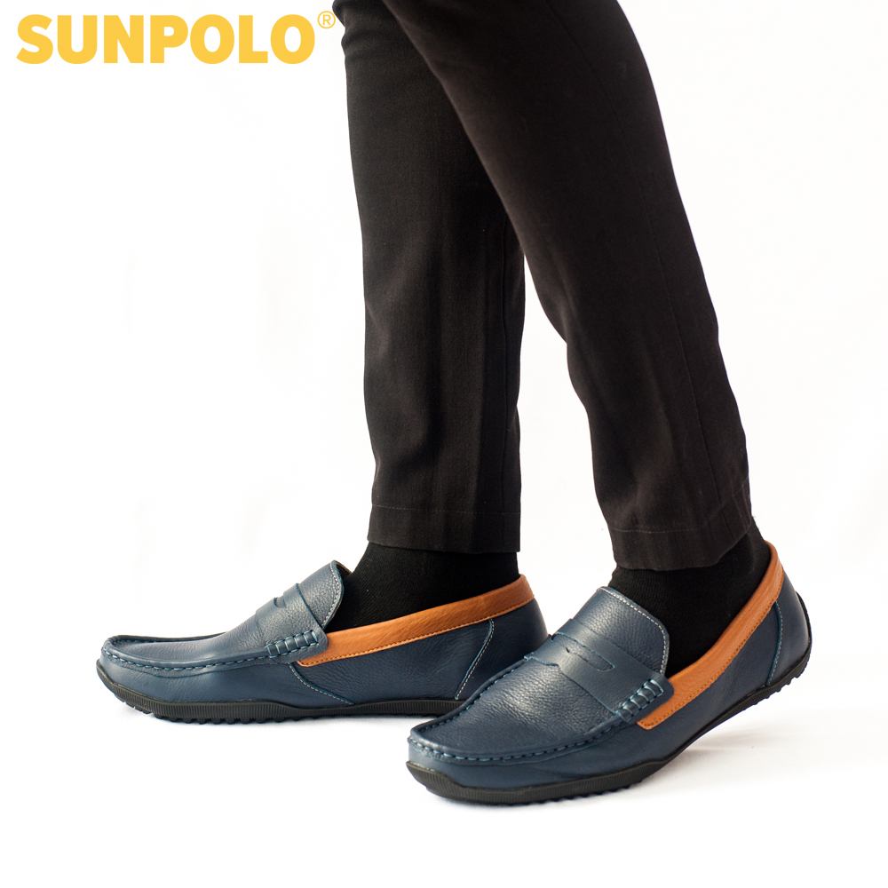 Giày lười nam da bò đế cao su nhẹ may khâu bền bỉ SUNPOLO MU2588 - Xanh Navy