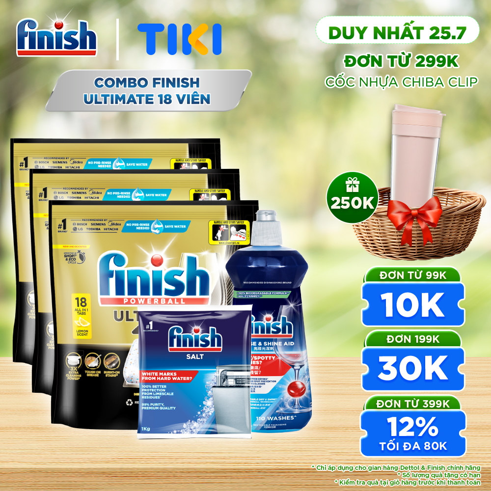 Combo 3 Viên rửa chén Finish Ultimate 18 viên + Nước làm bóng 500ml + Muối rửa chén 1kg