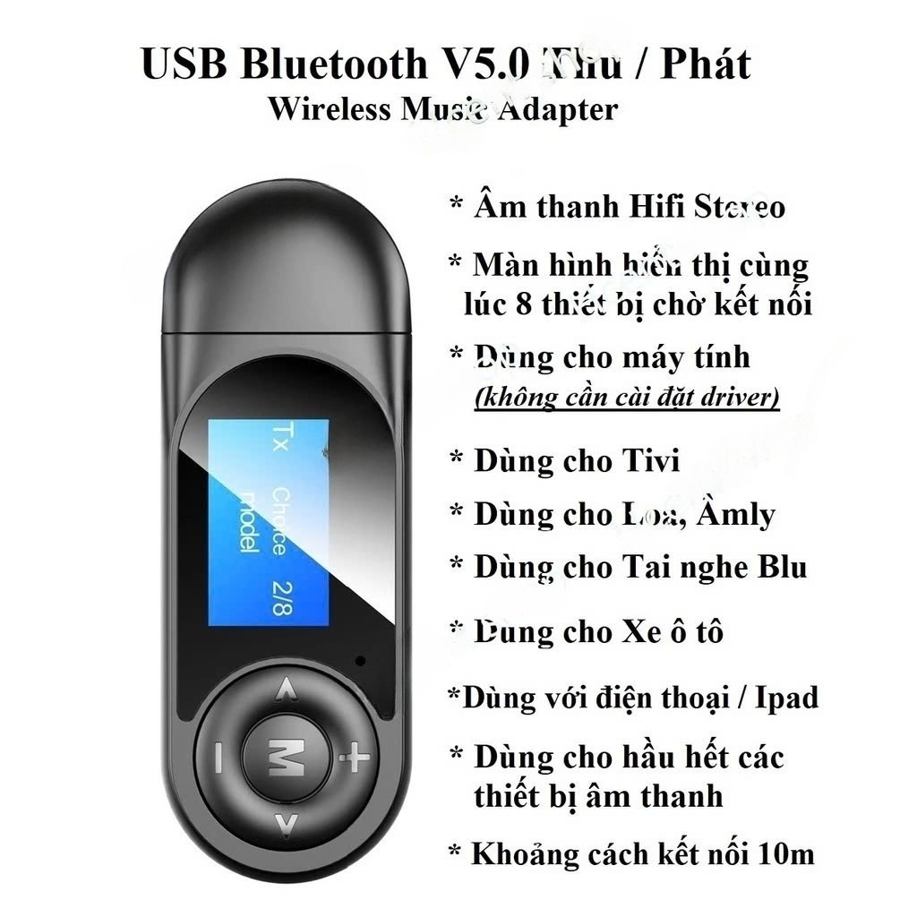 Bộ Thu Phát Bluetooth 5.0 Không Dây  Đa Năng Kèm Màn Hình LCD – Hàng Nhập Khẩu Usb Bluetooth 5.0 có màn hình hiển thị thu phát âm thanh HIFI Stereo cho tivi loa, âm ly laptop, PC