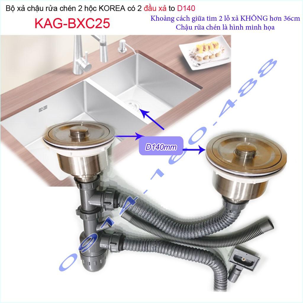 Bộ xả chậu rửa chén bát 2 hộc lớn KAG-BXC25 lỗ xả lớn D140, trọn bộ xả bồn rửa chén bát 2 hộc lớn lỗ thoát D140